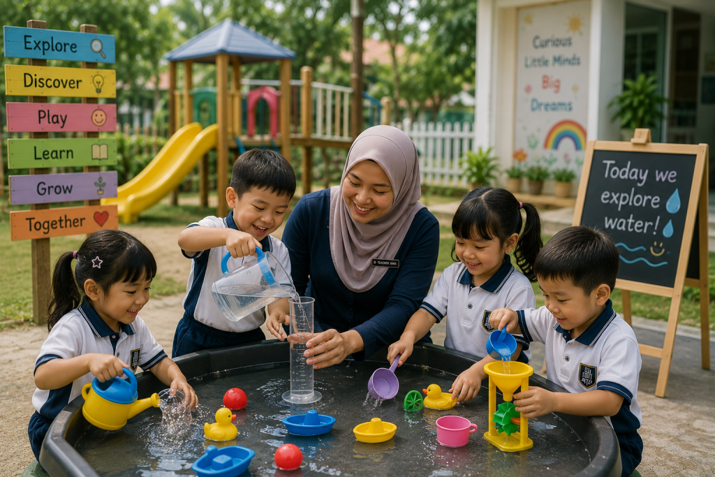 Kindergarten children in Malaysia learning about insects and nature with a teacher in an outdoor butterfly garden using magnifying glasses, observation tools, and hands-on exploration, meta ads guide for kindergartens