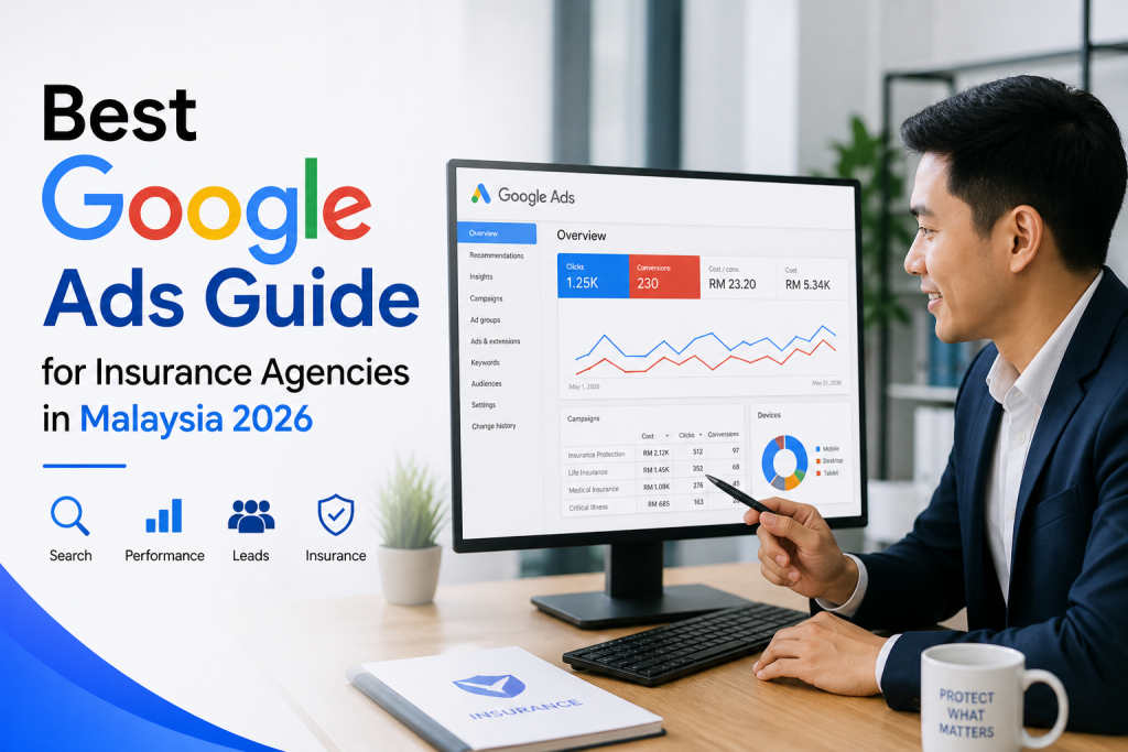 A professional using a laptop in a modern office, representing Google Ads guide for Insurance Agencies in Malaysia 2026 with lead generation and ROI icons.