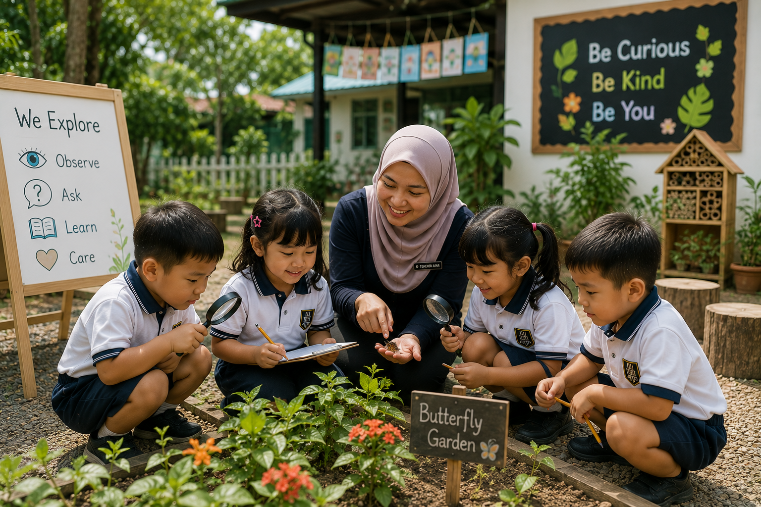 Kindergarten children in Malaysia exploring water play with a teacher in an outdoor preschool playground using sensory toys, funnels, cups, and hands-on learning activities, meta ads guide for kindergartens.