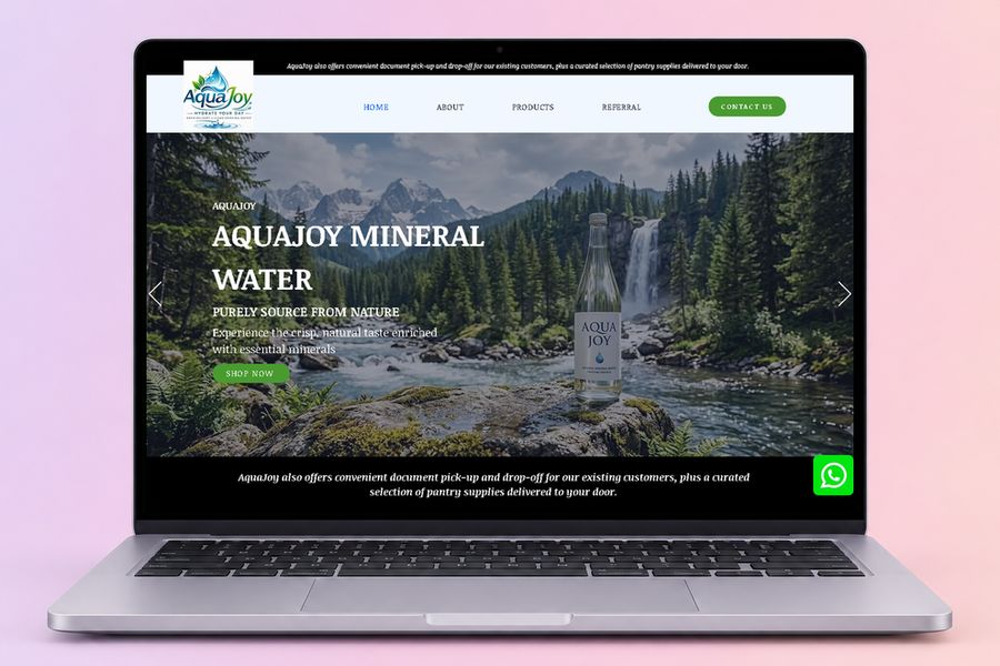 Digital Marketing Agency | ZenWeb Malaysia The AquaJoy website on a laptop, designed by ZenWeb