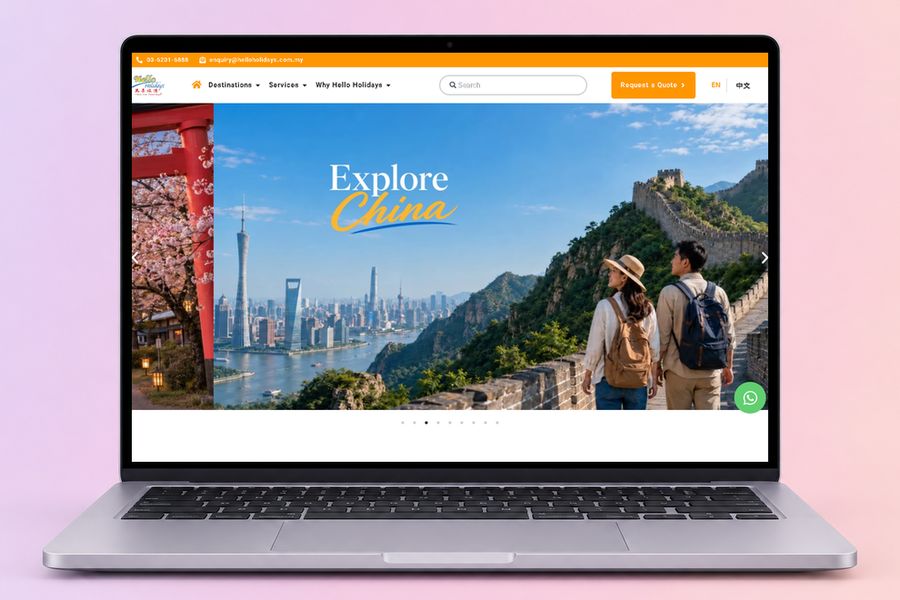 Digital Marketing Agency | ZenWeb Malaysia The Hello Holidays website on a laptop, designed by ZenWeb