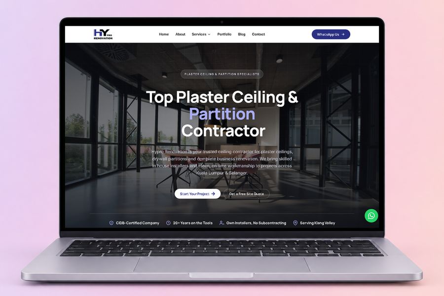 Digital Marketing Agency | ZenWeb Malaysia The Hypro Construction & Renovation website on a laptop, designed by ZenWeb