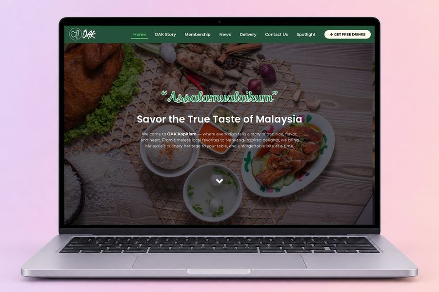 Digital Marketing Agency | ZenWeb Malaysia The OAK Kopitiam website on a laptop, designed by ZenWeb
