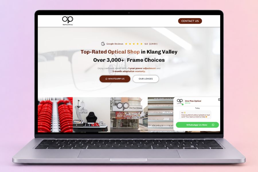 Digital Marketing Agency | ZenWeb Malaysia The One Plus Optical website on a laptop, designed by ZenWeb