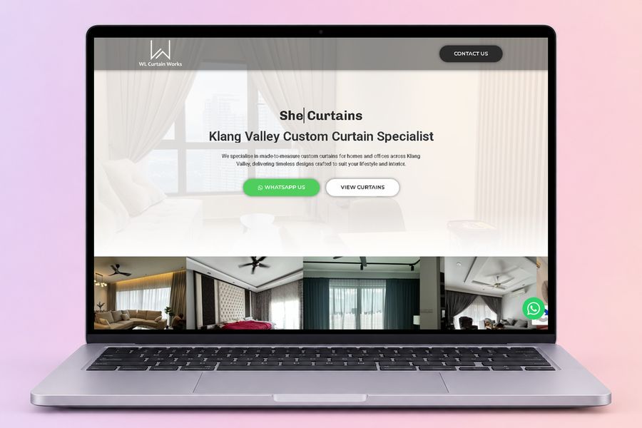 Digital Marketing Agency | ZenWeb Malaysia The WL Curtain Works website on a laptop, designed by ZenWeb