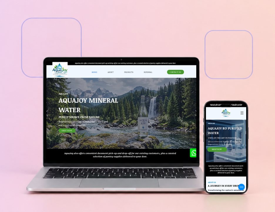 Digital Marketing Agency | ZenWeb Malaysia The AquaJoy website on a laptop and a phone, designed by ZenWeb