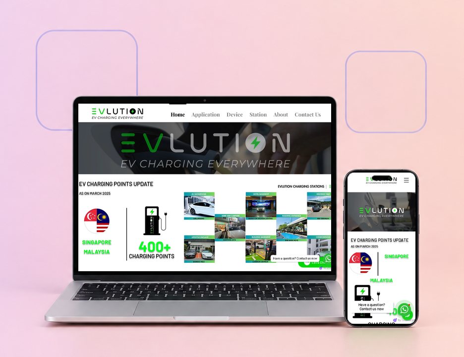 Digital Marketing Agency | ZenWeb Malaysia The EVlution website on a laptop and a phone, designed by ZenWeb