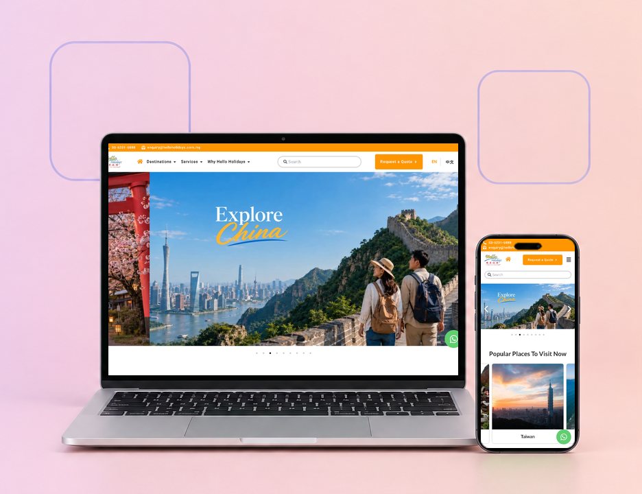 Digital Marketing Agency | ZenWeb Malaysia The Hello Holidays website on a laptop and a phone, designed by ZenWeb