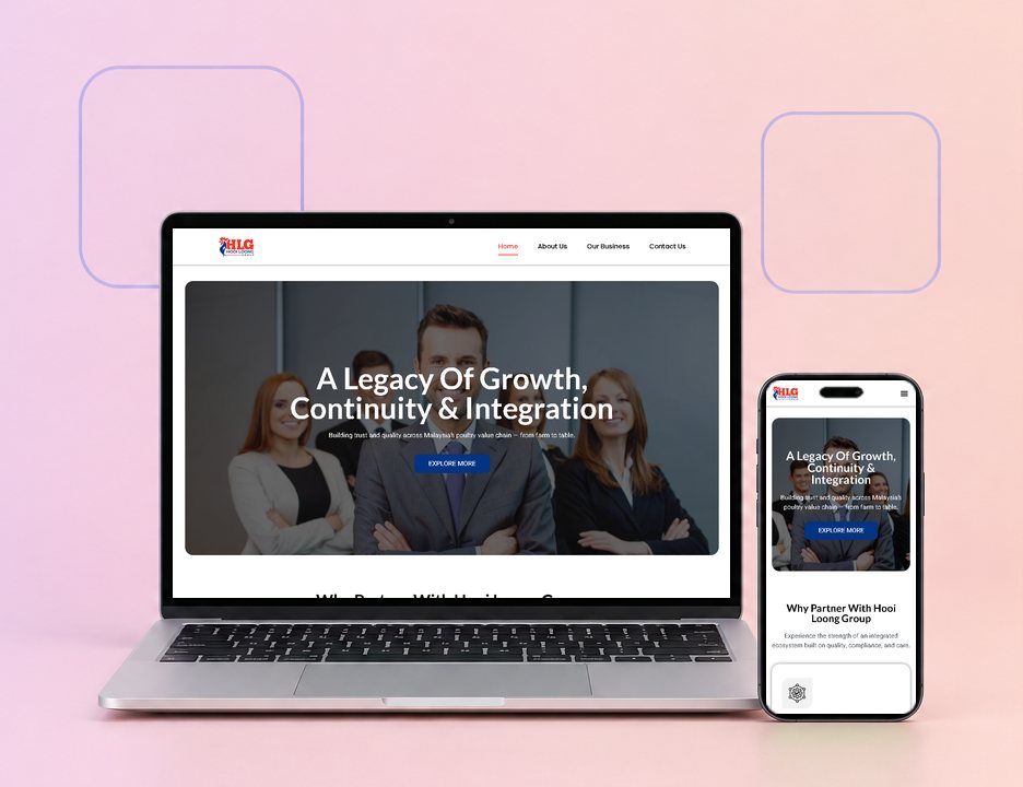 Digital Marketing Agency | ZenWeb Malaysia The Hooi Loong Group website on a laptop and a phone, designed by ZenWeb