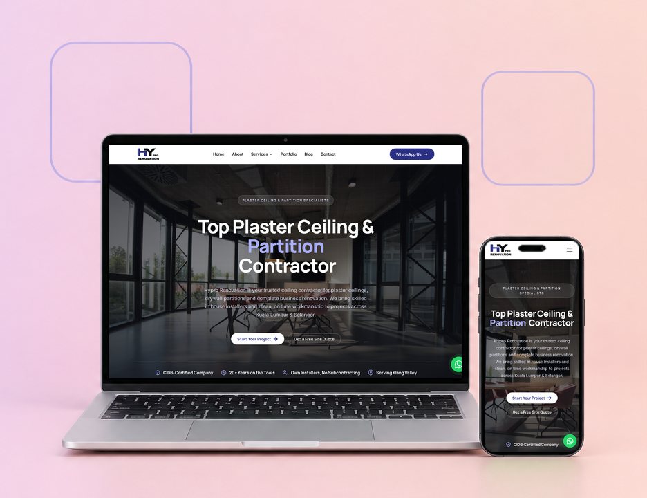 Digital Marketing Agency | ZenWeb Malaysia The Hypro Construction & Renovation website on a laptop and a phone, designed by ZenWeb