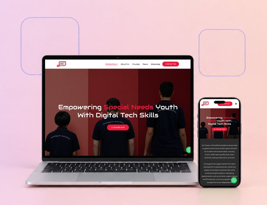 Digital Marketing Agency | ZenWeb Malaysia The Infinite Minds Academy website on a laptop and a phone, designed by ZenWeb