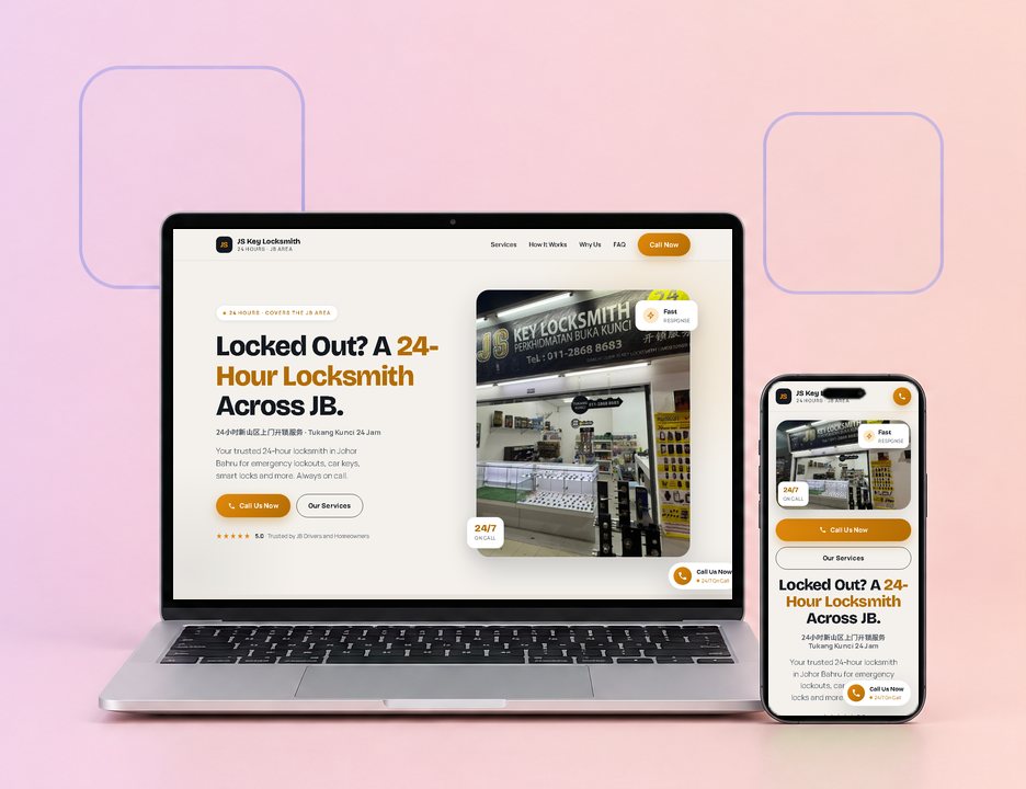 Digital Marketing Agency | ZenWeb Malaysia The JS Key Locksmith website on a laptop and a phone