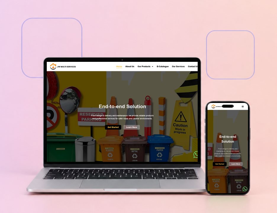 Digital Marketing Agency | ZenWeb Malaysia The JW Multi Services website on a laptop and a phone, designed by ZenWeb