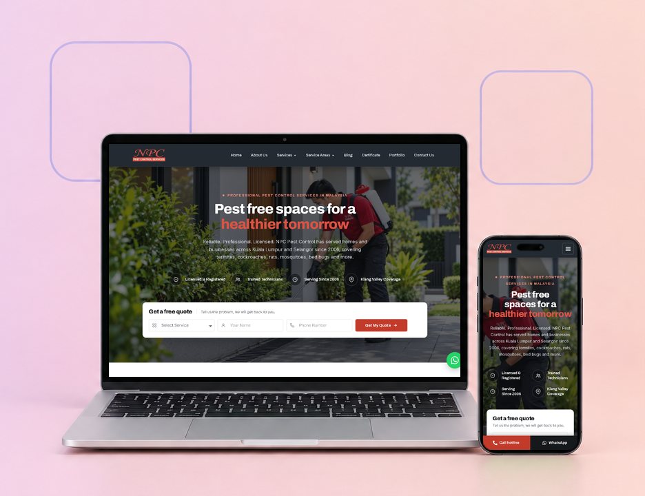 The NPC Pest Control website on a laptop and a phone, designed by ZenWeb