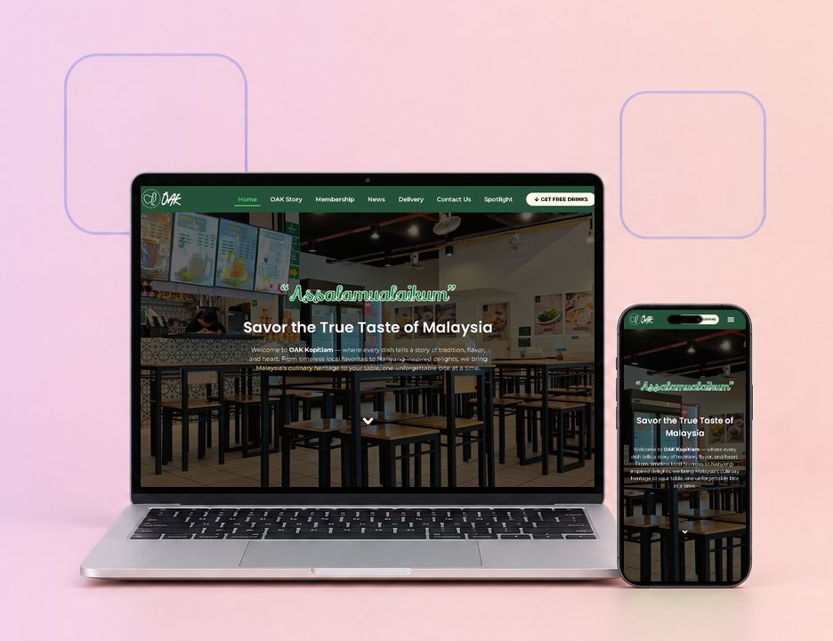 The OAK Kopitiam website on a laptop and a phone, designed by ZenWeb