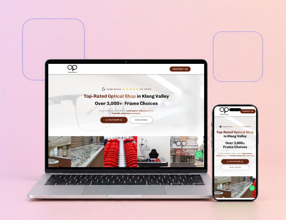 Digital Marketing Agency | ZenWeb Malaysia The One Plus Optical website on a laptop and a phone, designed by ZenWeb