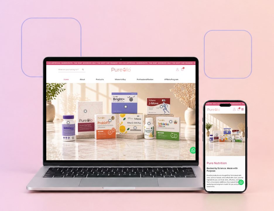 Digital Marketing Agency | ZenWeb Malaysia The PureGlo website on a laptop and a phone, designed by ZenWeb