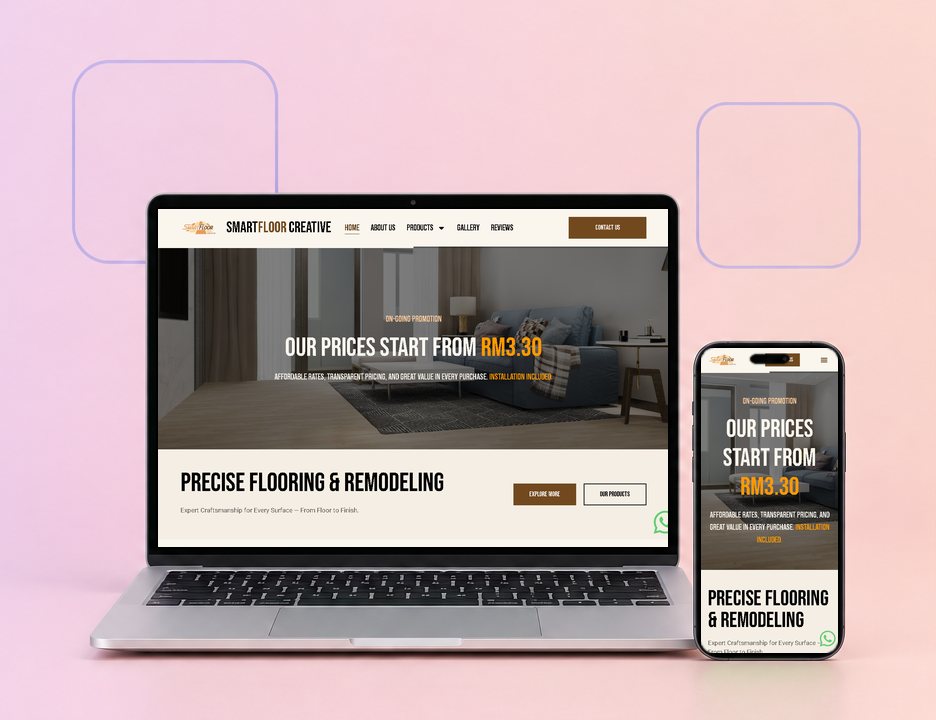 Digital Marketing Agency | ZenWeb Malaysia The Smart Floor Creative website on a laptop and a phone, designed by ZenWeb