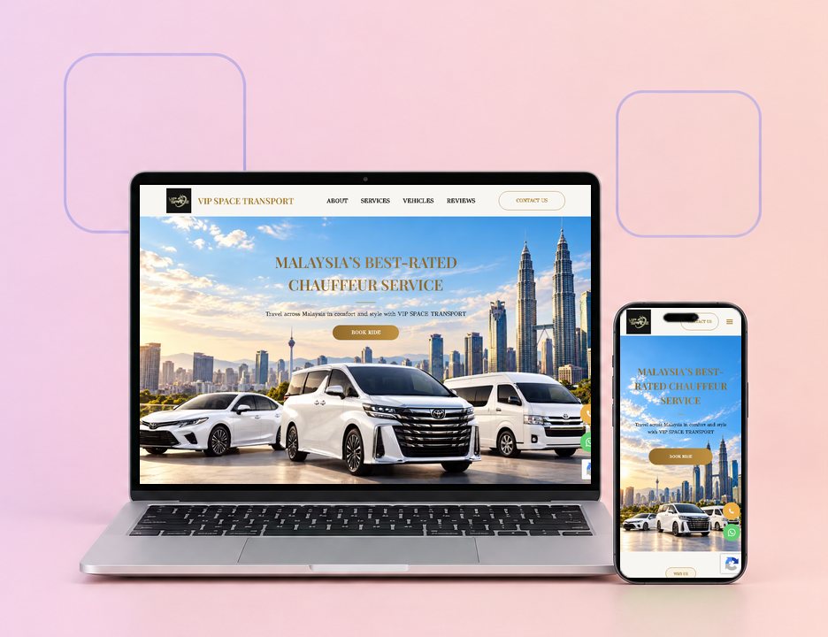 Digital Marketing Agency | ZenWeb Malaysia The VIP Space Transport website on a laptop and a phone, designed by ZenWeb
