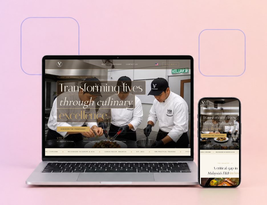 Digital Marketing Agency | ZenWeb Malaysia The VSB Academy website on a laptop and phone