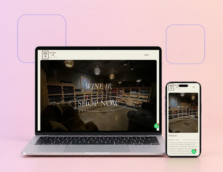 The Wine JR website on a laptop and a phone, designed by ZenWeb
