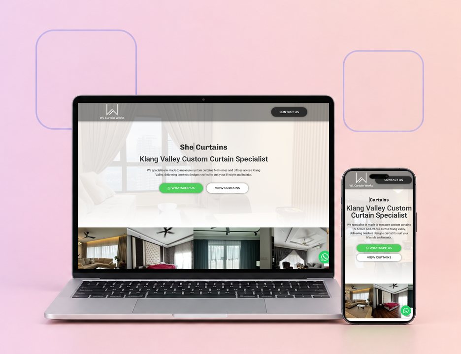 Digital Marketing Agency | ZenWeb Malaysia The WL Curtain Works website on a laptop and a phone, designed by ZenWeb
