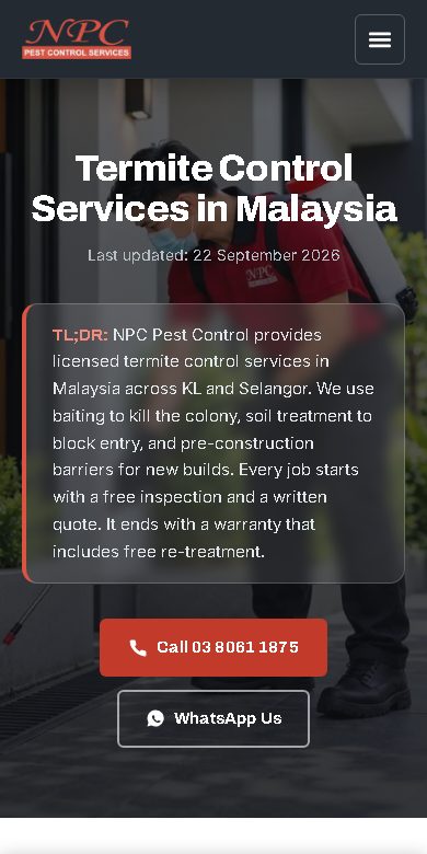 NPC Pest Control website on a phone