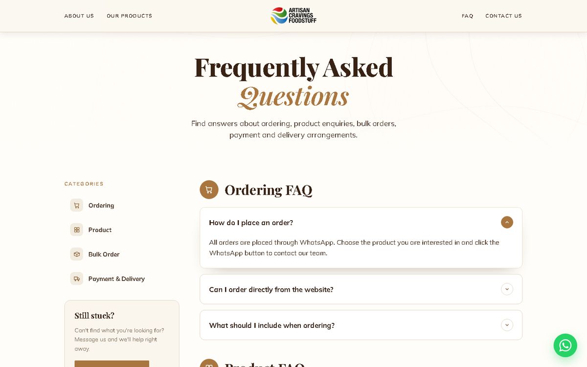 Digital Marketing Agency | ZenWeb Malaysia FAQ of the Artisan Cravings Foodstuff website