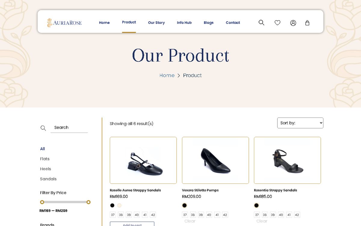 Shop of the Auria Rose website