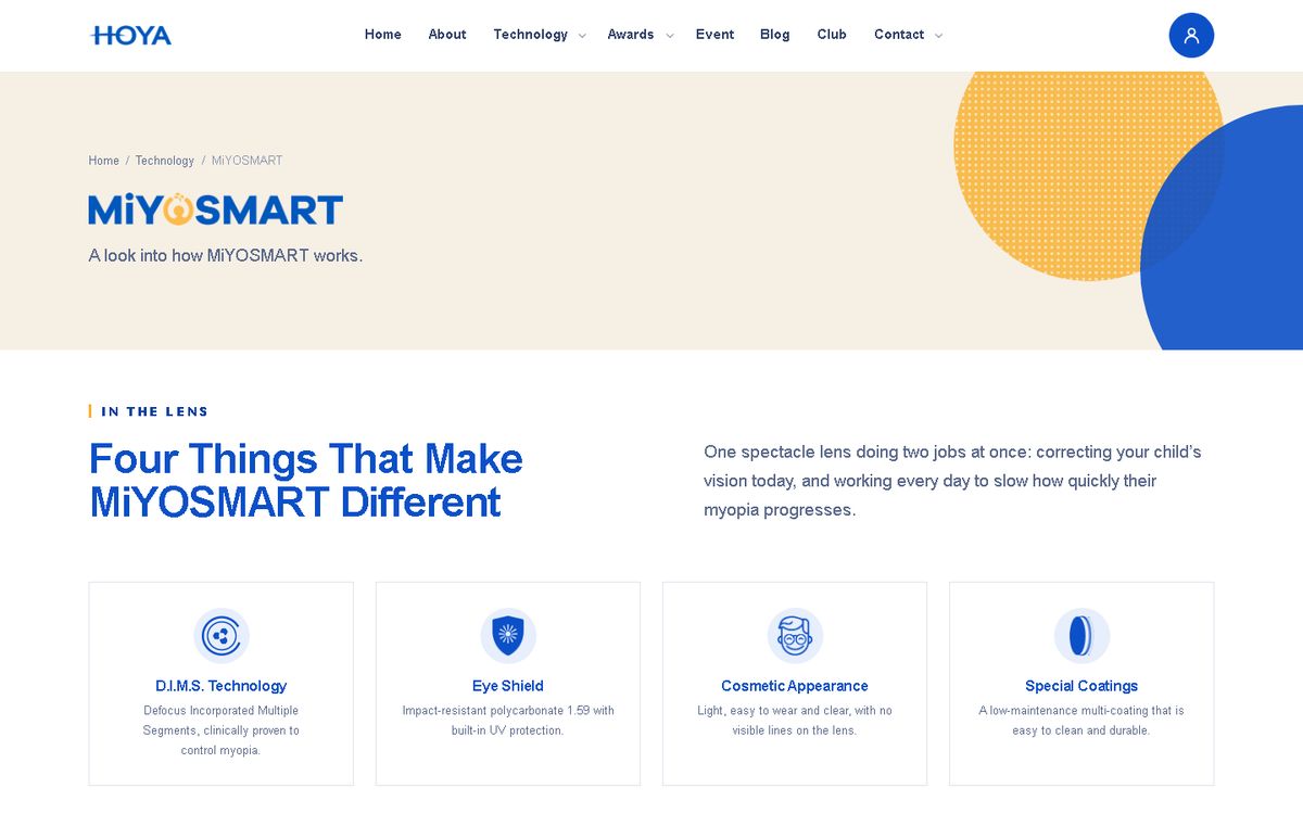 MiYOSMART of the HOYA Lens Malaysia website