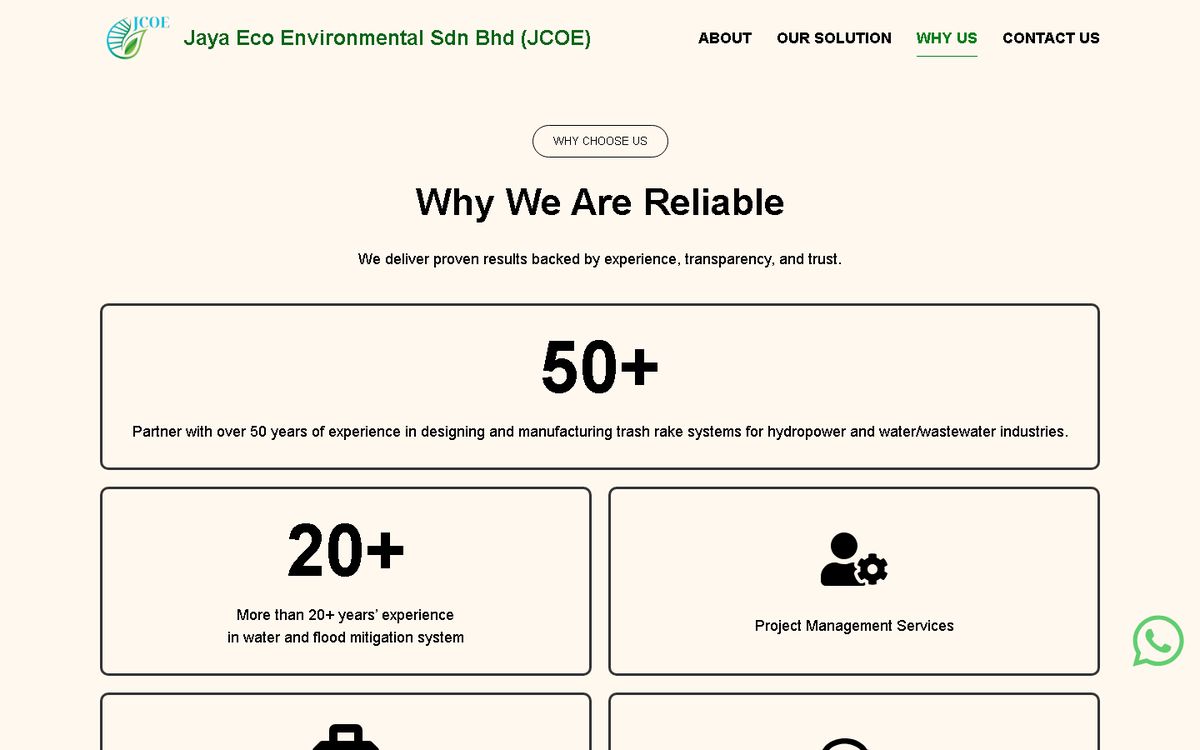 Why Us section of the Jaya Eco Environmental website