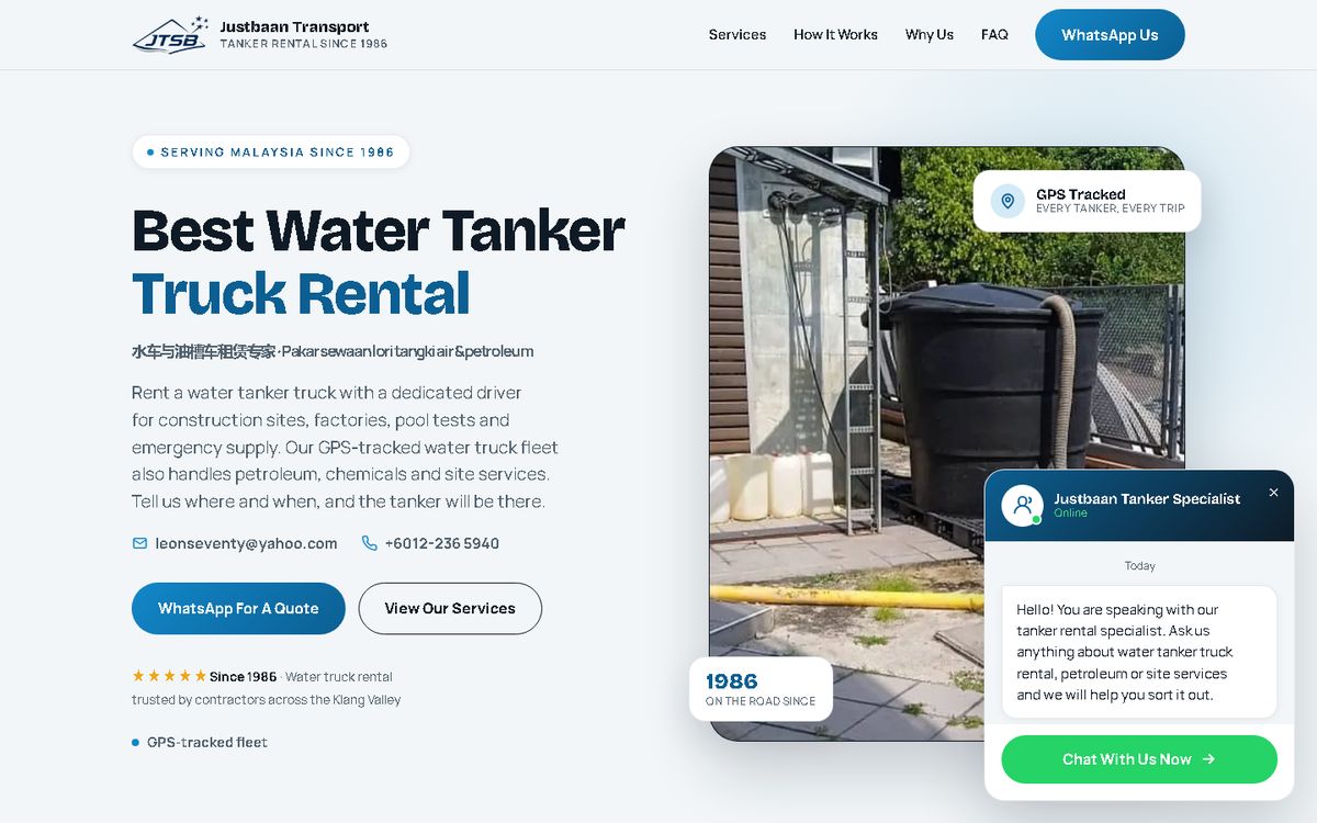 Home page of the Justbaan Transport website