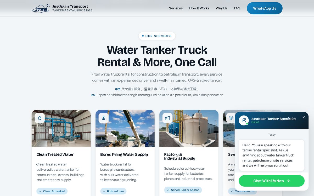 Services and quote form of the Justbaan Transport website